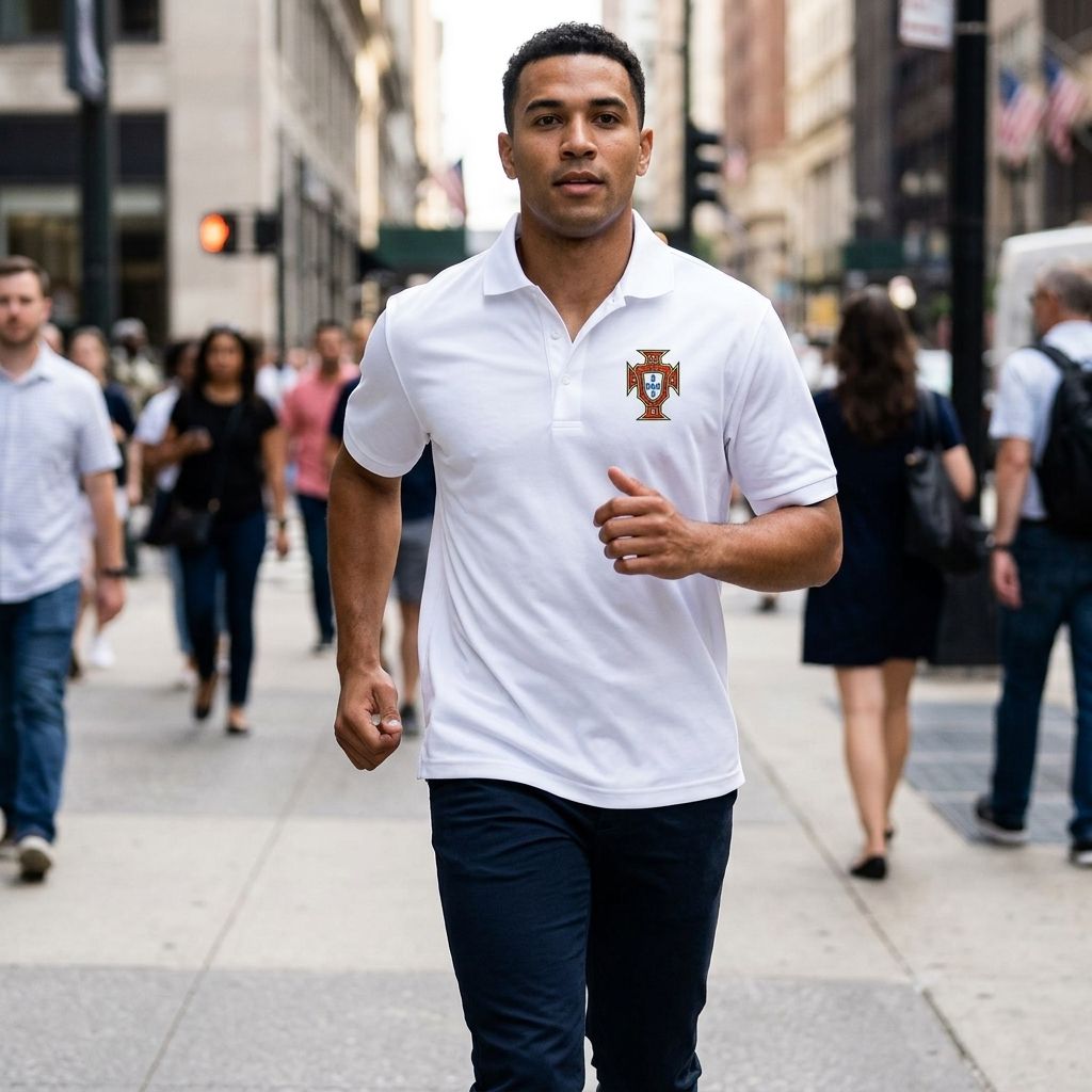 Dynamic urban shot of man in white Portugal soccer polo jogging, showcasing moisture-wicking fabric and stylish design.