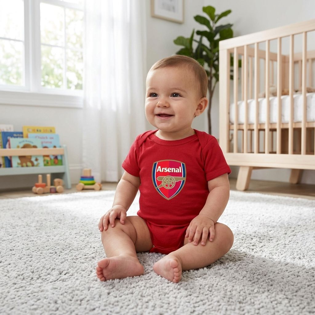 Baby wearing the Soccer Romper Onesie sitting on a fluffy rug in a bright nursery with wooden furniture and playful decor.