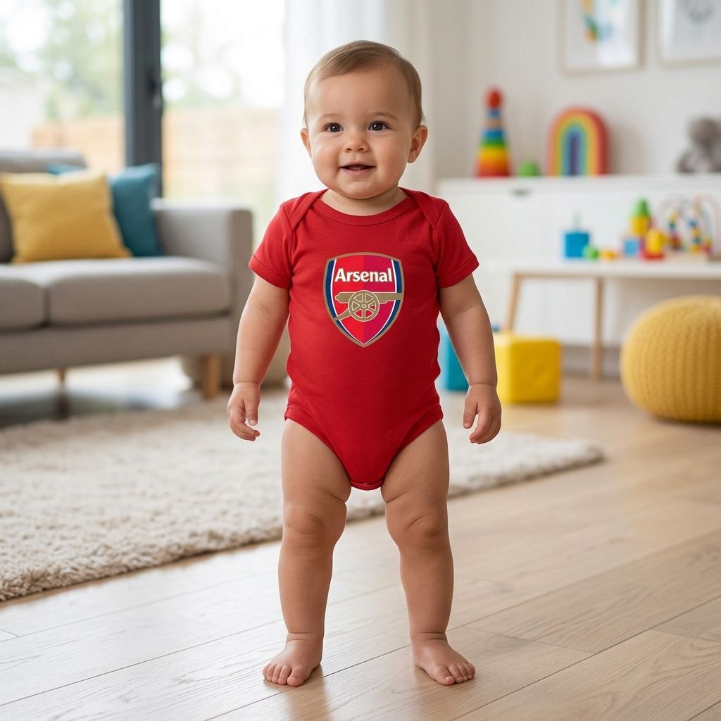 Baby in the romper standing in a modern living room with natural light, emphasizing everyday comfort and style.