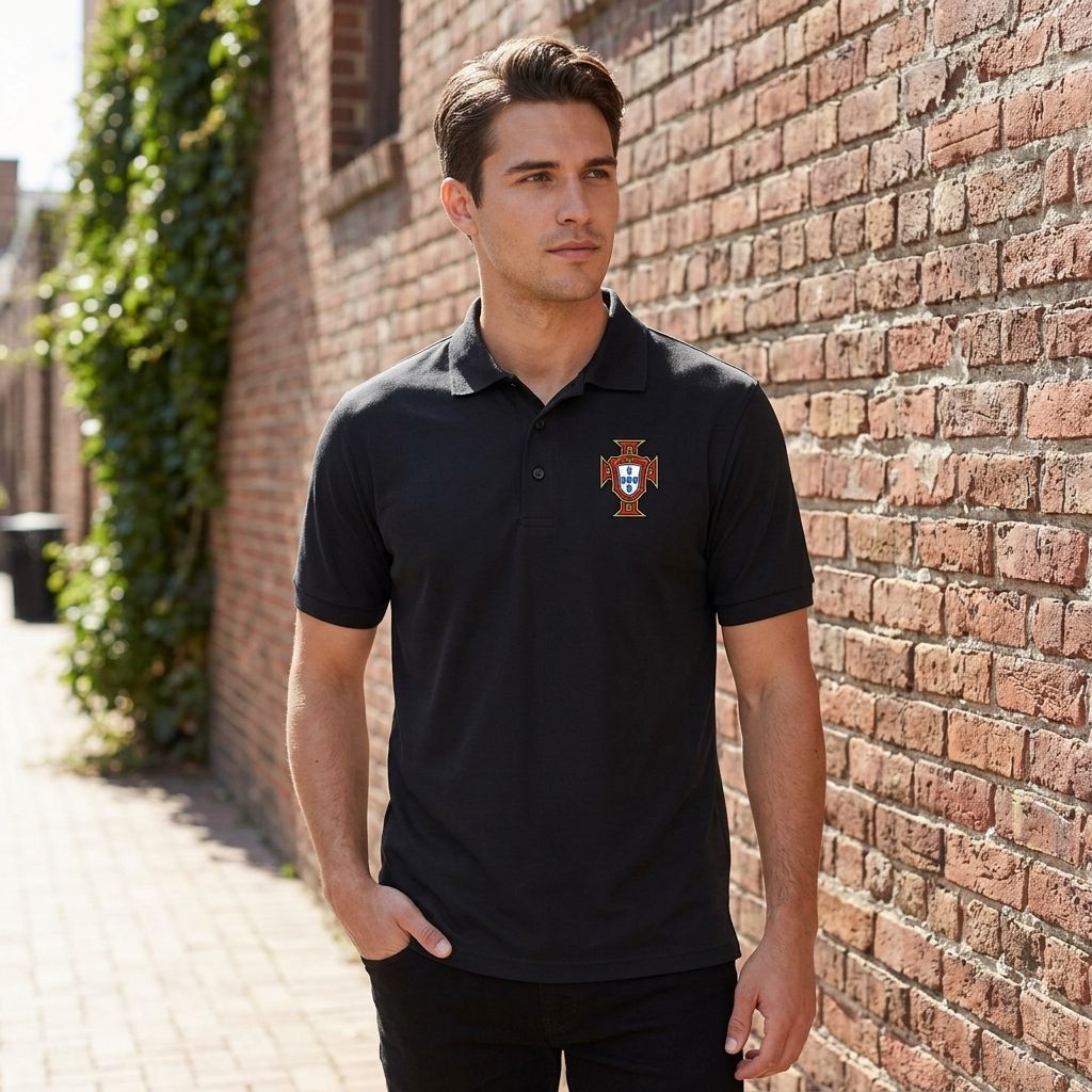 Male model wearing black men's Portugal soccer polo in a casual outdoor setting showing fit, fabric texture, and clean placket.