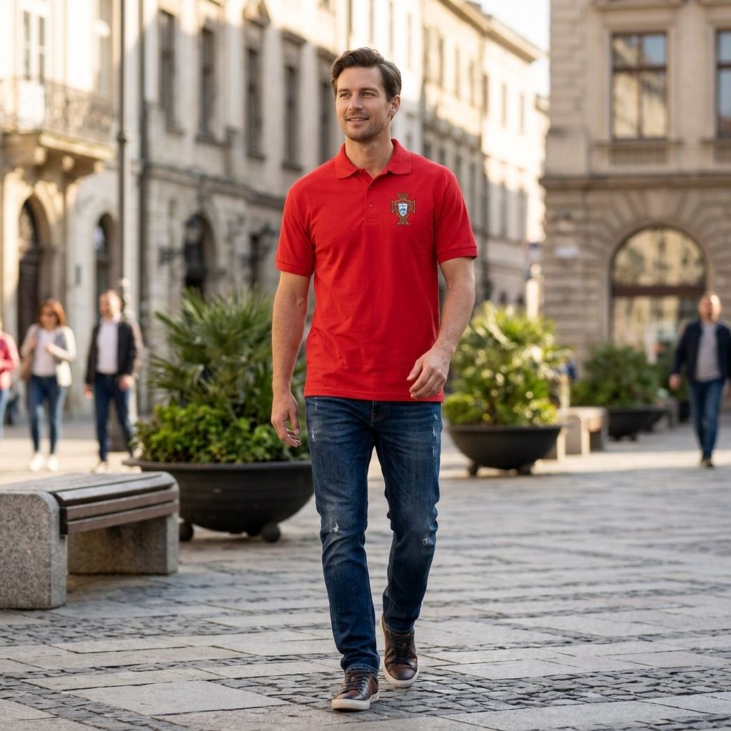 Casual outdoor scene of male wearing Portugal Dry Blend Polo with jeans in city plaza, natural sunlight, urban background, versatile style.