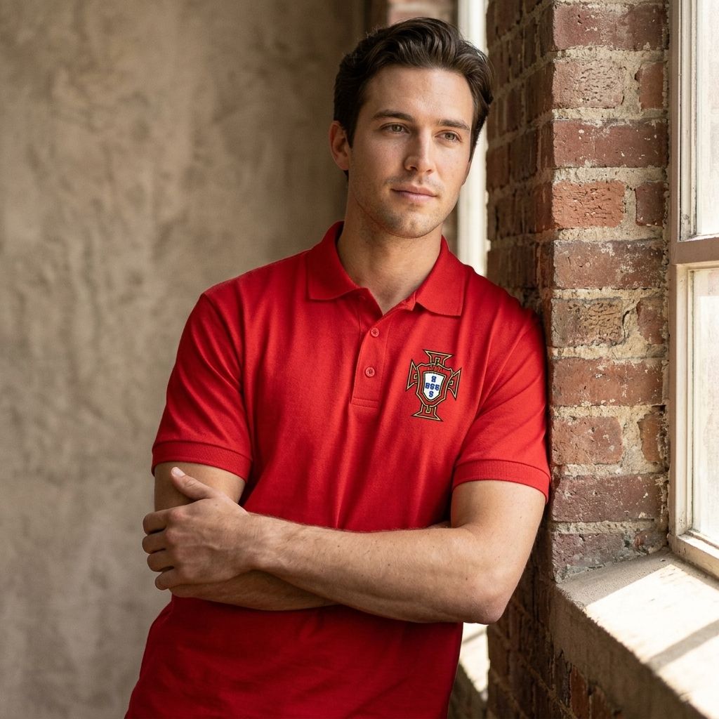 Indoor scene of male model in Portugal soccer team Dry Blend Polo leaning against brick wall, showing fit and fabric detail with warm daylight.