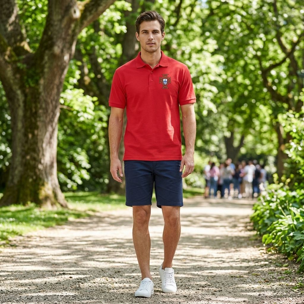 Full-body scene of male model wearing Portugal soccer team Dry Blend Polo in outdoor park with greenery, casual style, natural sunlight.