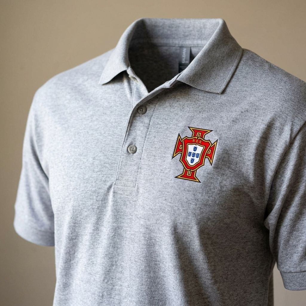 Close-up of men's Portugal soccer team Dry Blend Polo showcasing knit texture and dyed-to-match buttons.
