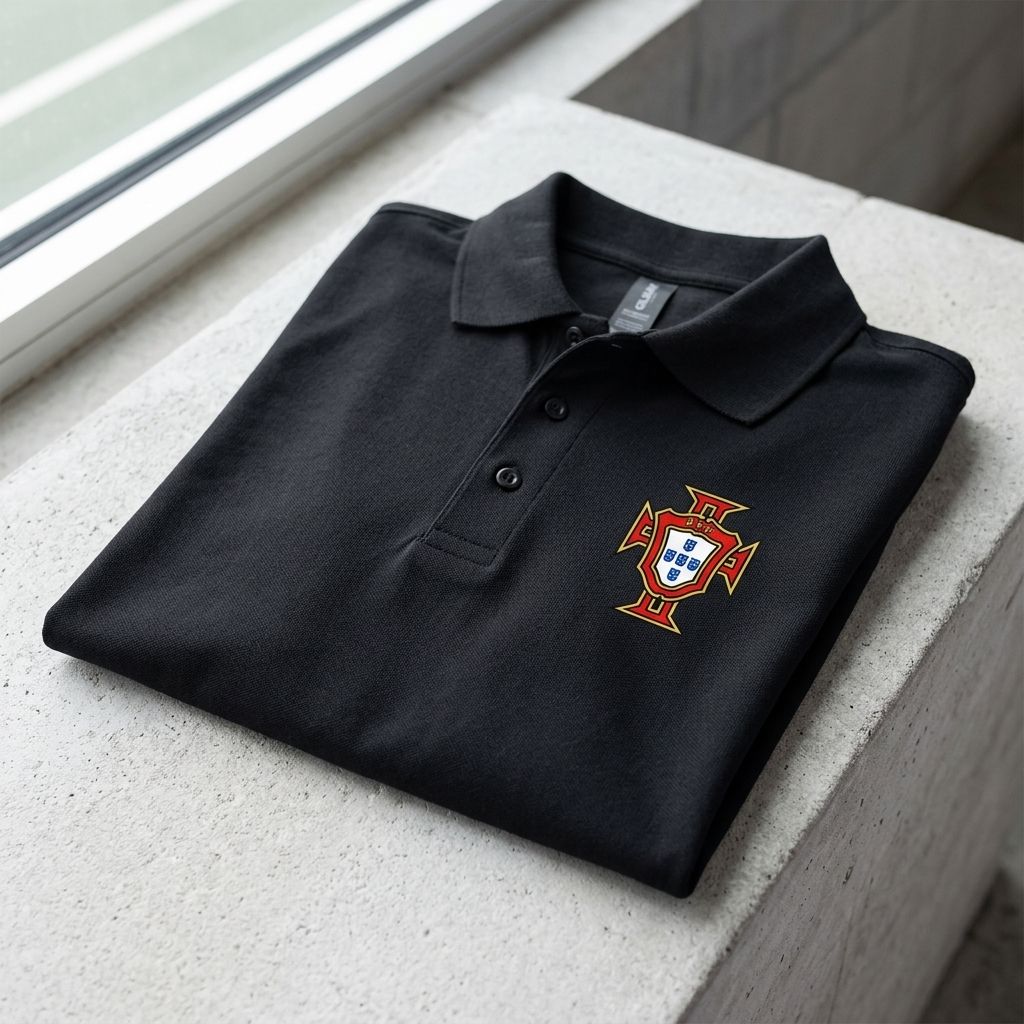 Close-up of men's Portugal soccer team Dry Blend Polo highlighting fabric texture and moisture-wicking features in natural daylight.
