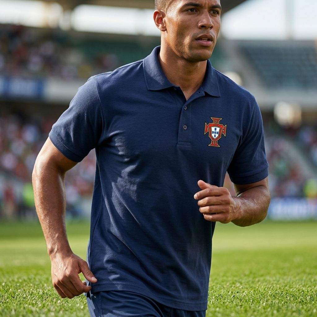Active shot of male athlete in Portugal soccer polo on sports field, illustrating moisture-wicking properties and sporty vibe.