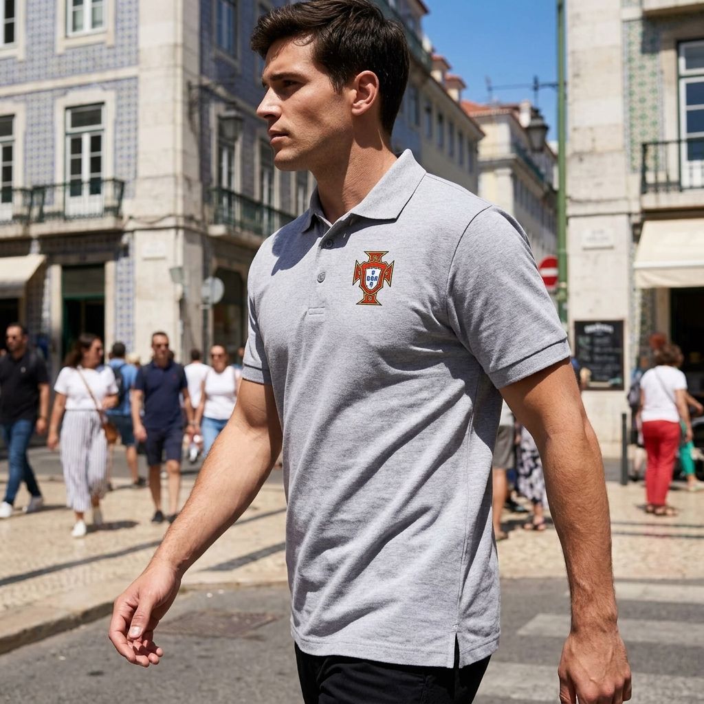 Male model walking in city street wearing Portugal soccer polo, showing fabric movement and casual fit.