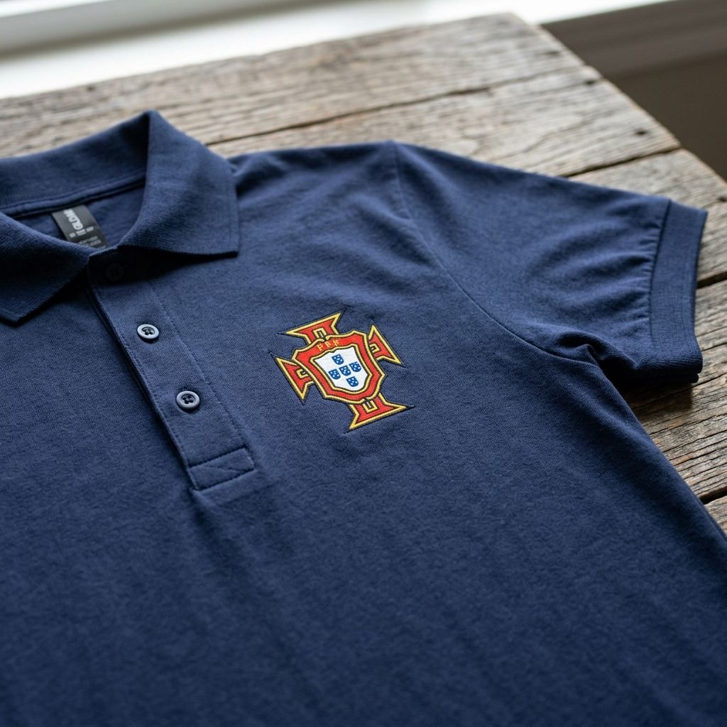 Macro shot of fabric texture on Portugal soccer polo, showing knit pattern, buttons, and stitching details on wooden surface.
