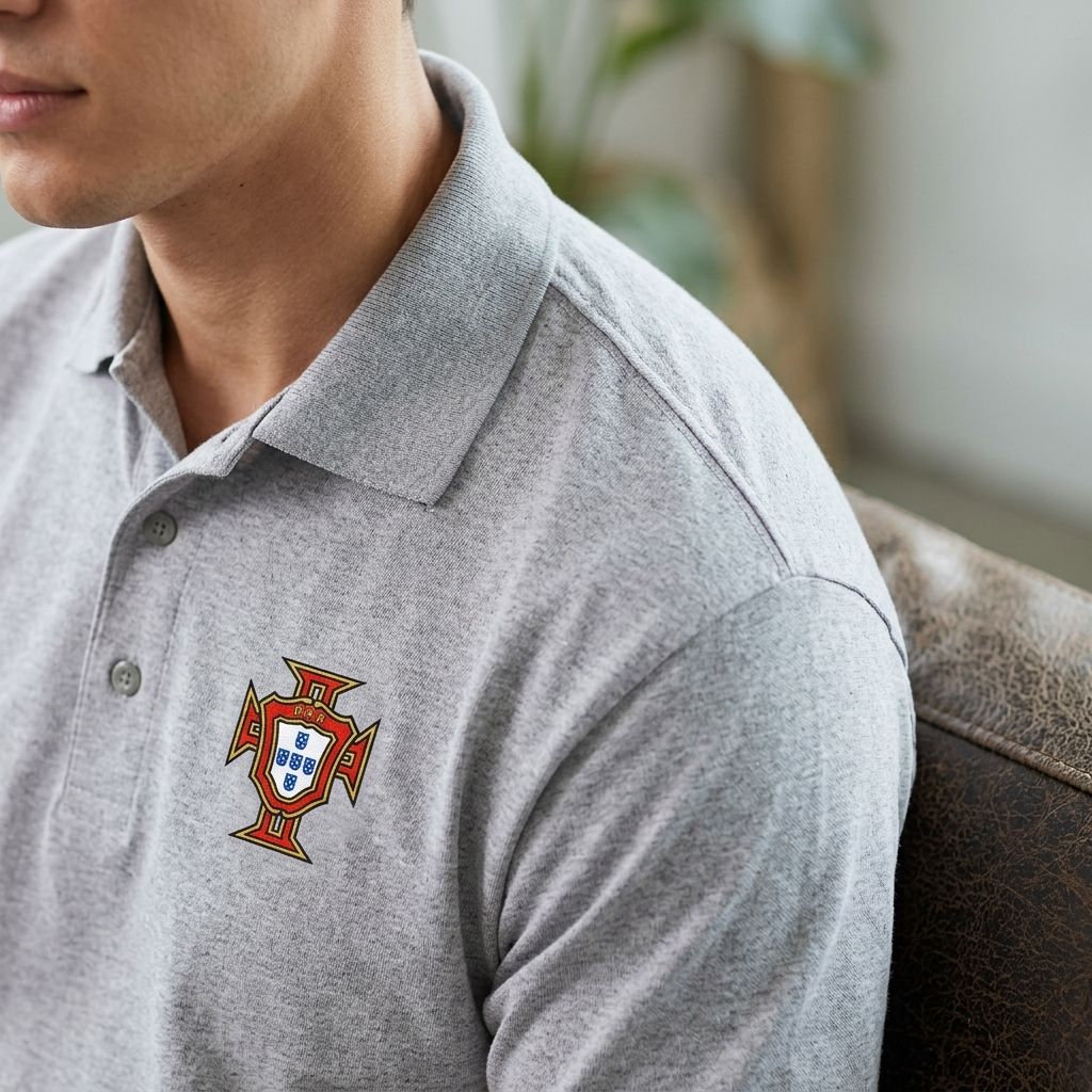 Macro shot of Portugal soccer polo focusing on collar, stitching, and tear-away label with studio background.