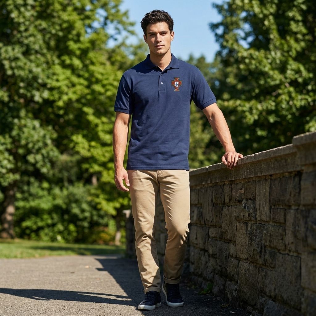 Full-body shot of male model wearing Portugal soccer team polo outdoors, showing breathable fabric and relaxed fit against park background.