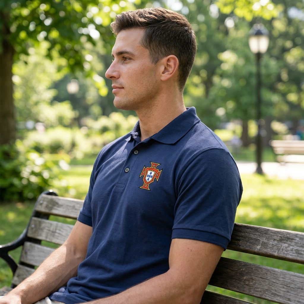 Side profile of male model in Portugal soccer polo sitting on bench in shaded park, emphasizing stitching and clean design.