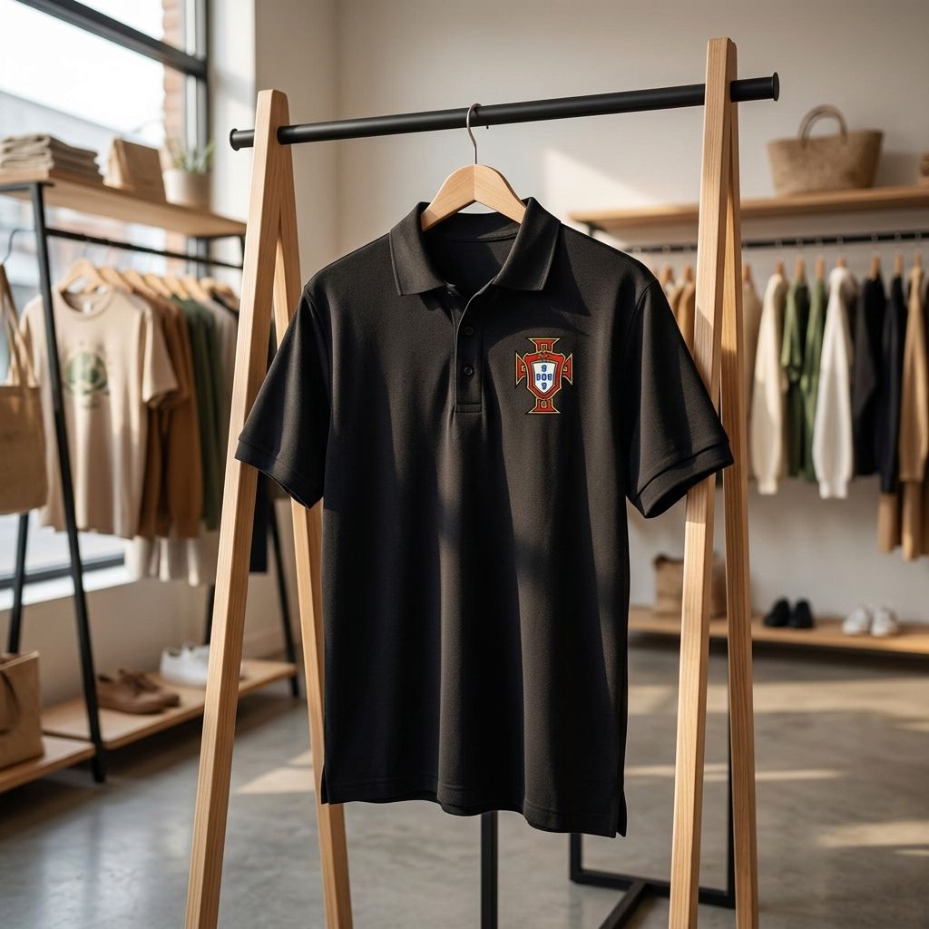 Professional shot of black Portugal soccer polo hanging on retail rack, showcasing fit and eco-friendly dyeing.