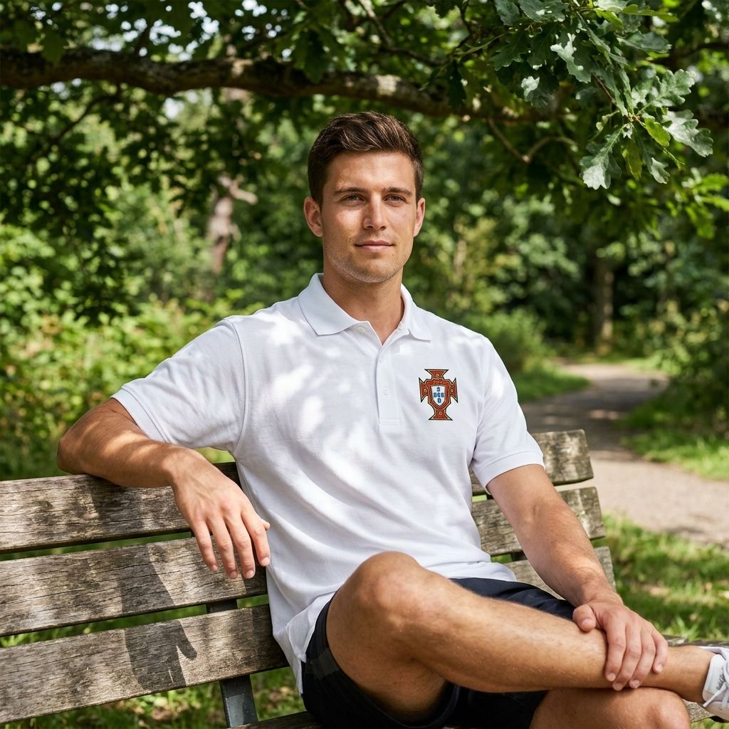 Relaxed portrait of male athlete in black Portugal soccer polo seated in park, highlighting collar and fabric quality.