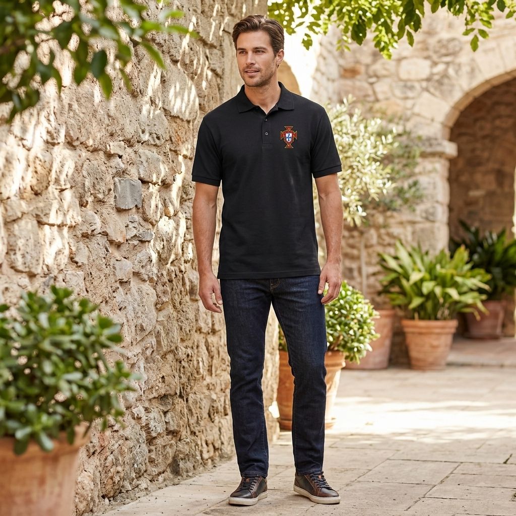 Full-body shot of male model wearing Portugal soccer Dry Blend Polo outdoors, showcasing classic fit and breathable fabric against natural stone background.